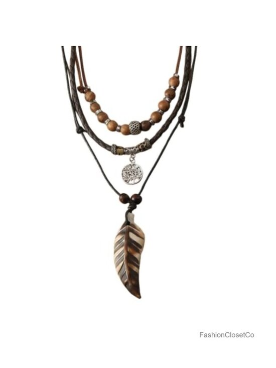 Jewelry - 3-Layer Boho Beaded Necklace Leaf Fishbone Pendant Western Style